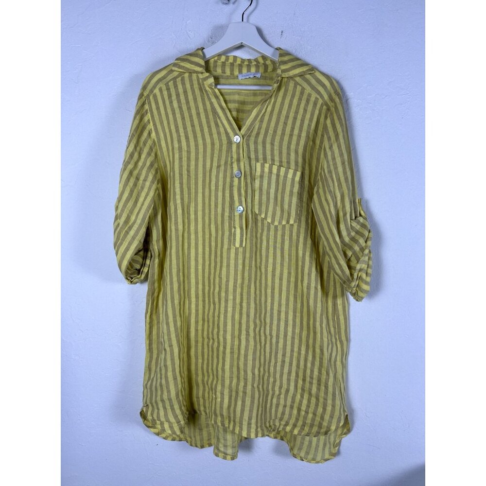 Womens Yellow Beige Striped Linen Henley Tunic Top Roll-Tab Sleeve Made in Italy